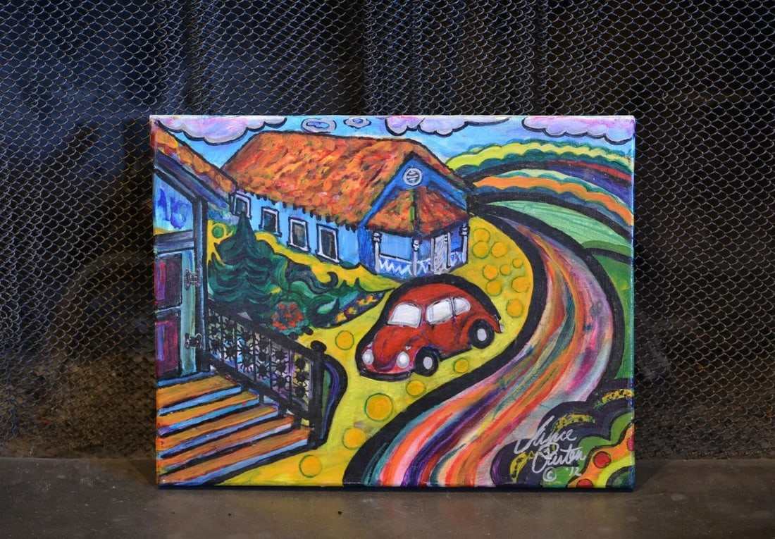 VIBRANT EXPRESSIONIST - FUN STREET SCENE W RED VW BEETLE - VANCE PARTEN (1 of 2)