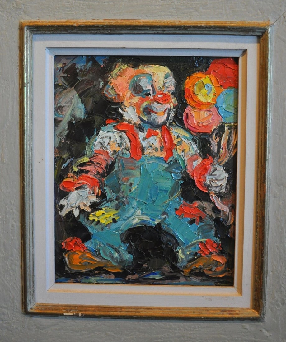 VINTAGE PAINTING - COLORFUL CLOWN W. BALLOONS - R. STOCKER - 1960 (1 of 1)