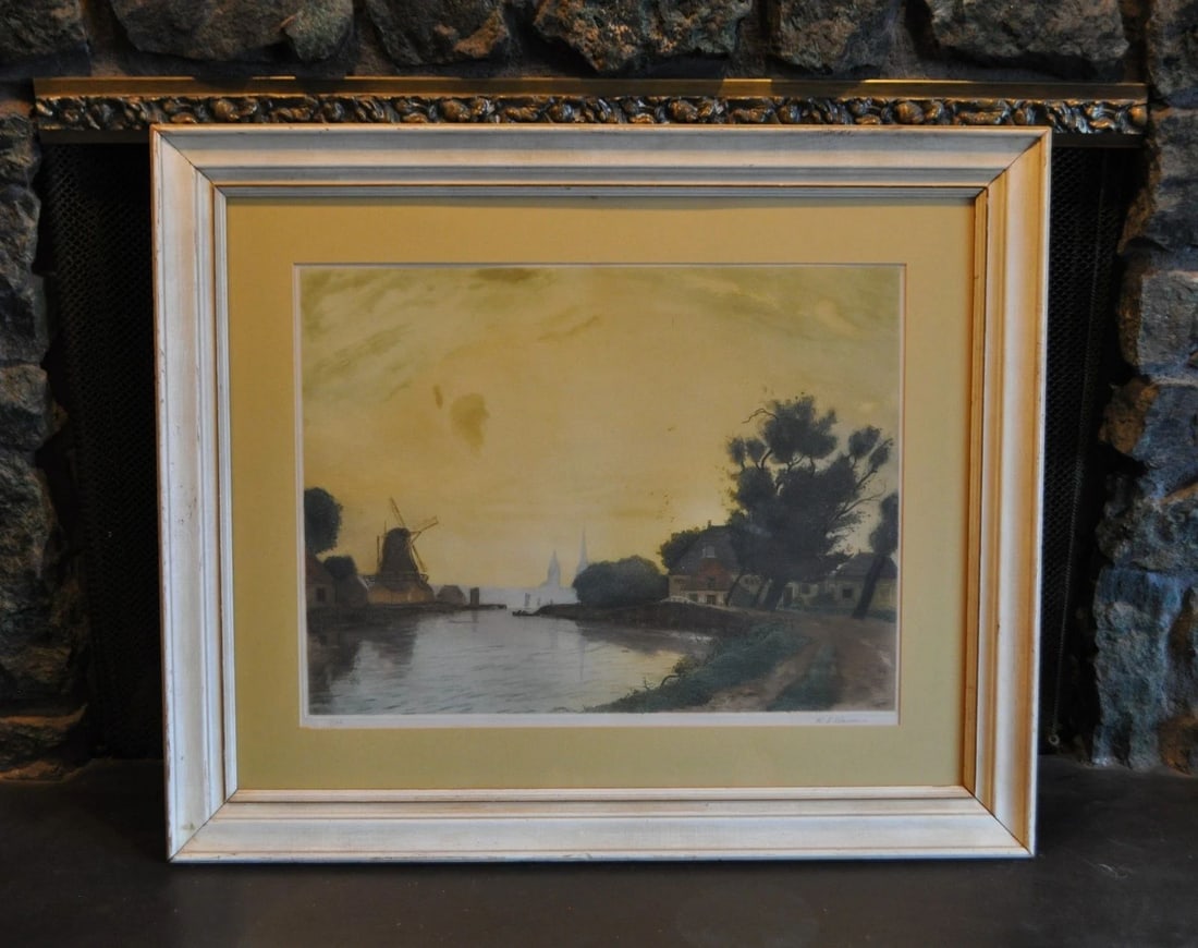 VINTAGE AQUATINT ETCHING VILLAGE MILL CANAL HOLLAND RAOUL ANDRE ULMANN 1867-1950 (1 of 1)