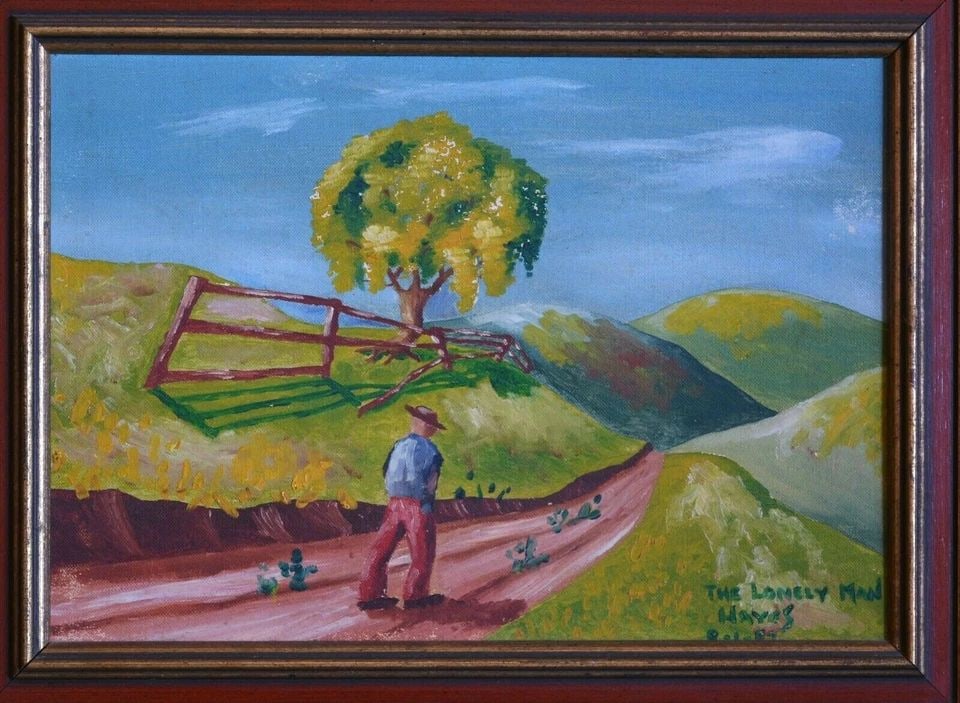ORIGINAL OIL PAINTING - MAN ON COUNTRY ROAD - "THE LONELY MAN" - HAYES (1 of 1)