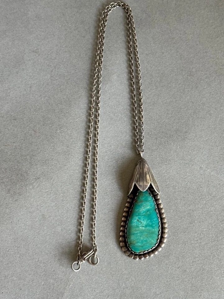 OLD PAWN NAVAJO STERLING SILVER AND TURQUOISE PENDANT SIGNED B MOORE 77 W CHAIN (1 of 1)