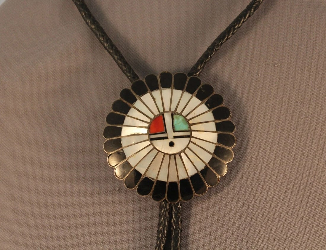 ZUNI INDIAN BOLO TIE STERLING SILVER - SUN FACE ZUNI INLAID STONE AND SHELL (1 of 2)