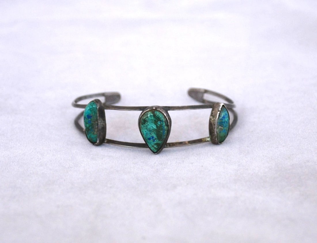 OLD PAWN NAVAJO STERLING SILVER BRACELET - 3 TURQUOISE STONES - 6 3/4" (1 of 1)