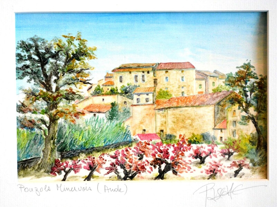 VINTAGE PAINTING SOUTH FRANCE - POUZOLS MINERVOIS - FRAMED: VINTAGE PAINTING SOUTH FRANCE - POUZOLS MINERVOIS - FRAMED Item Description: This vintage painting is titled, "Pouzols Minervois" which is a small village in southern France near the Mediterranean coa