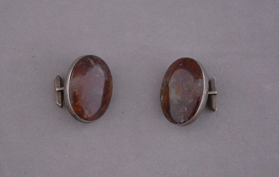 GREAT! OLD PAWN VINTAGE NAVAJO SILVER CUFFLINKS - PETRIFIED WOOD - 1 3/8" TALL (1 of 2)