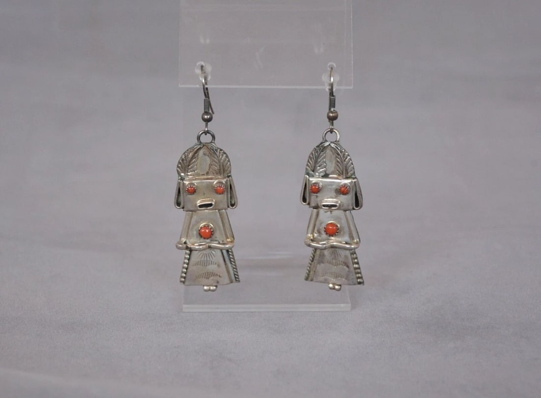 VINTAGE NAVAJO STERLING SILVER KACHINA EARRINGS - CORAL - 2.5" DROP - DANGLES (1 of 1)