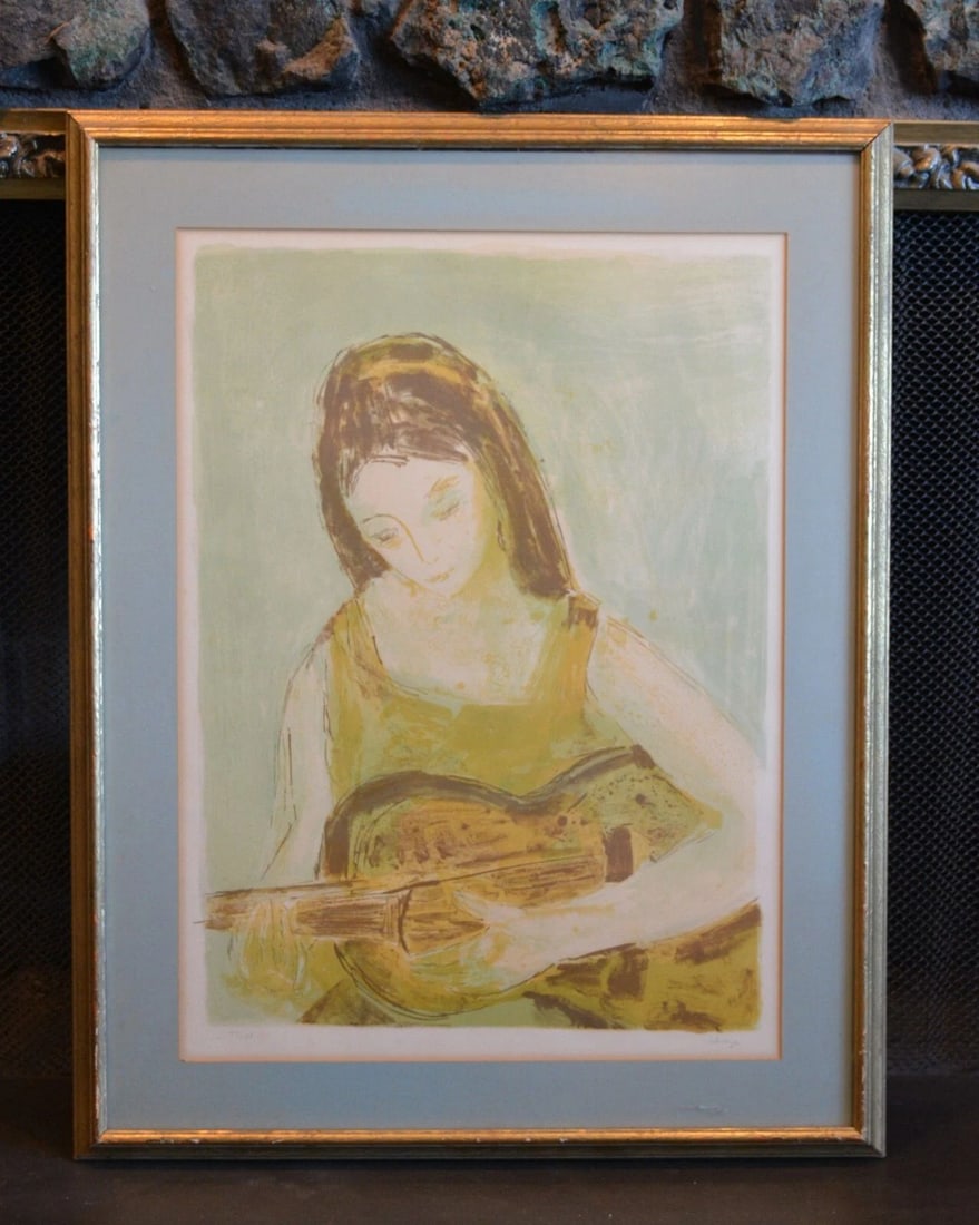 GRETA SCHREYER (1923-2005) VINTAGE COLORED LITHOGRAPH - YOUNG WOMAN GUITAR (1 of 1)