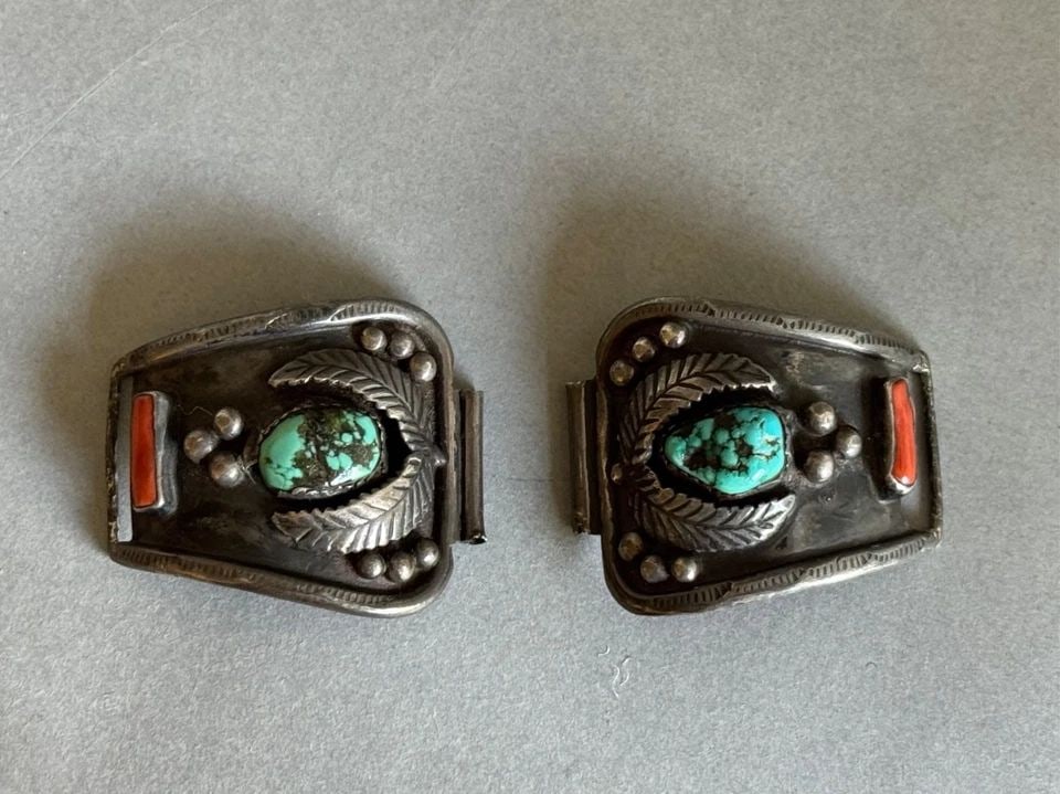 OLD PAWN NAVAJO STERLING SILVER WITH TURQUOISE AND CORAL WATCH BANDS (1 of 1)