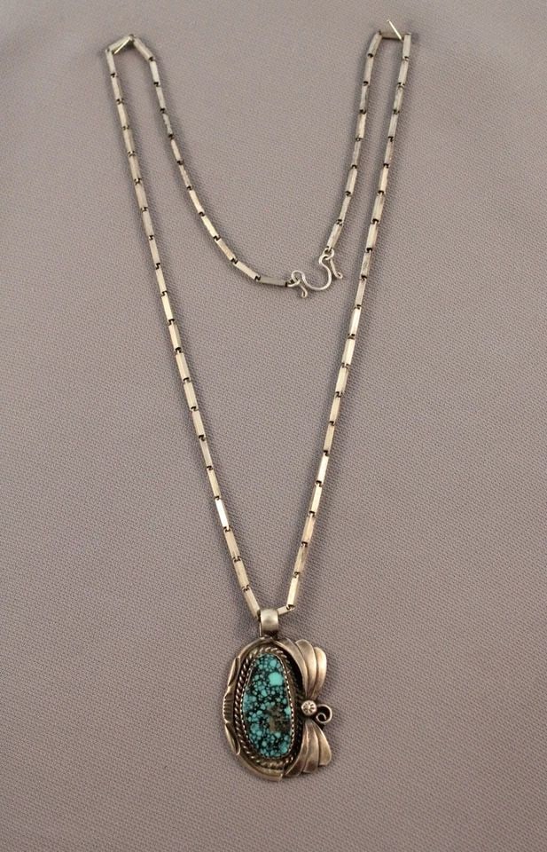 VINTAGE NAVAJO OR SANTO DOMINGO GREAT TURQUOISE PENDANT.. SIGNED .. (1 of 1)
