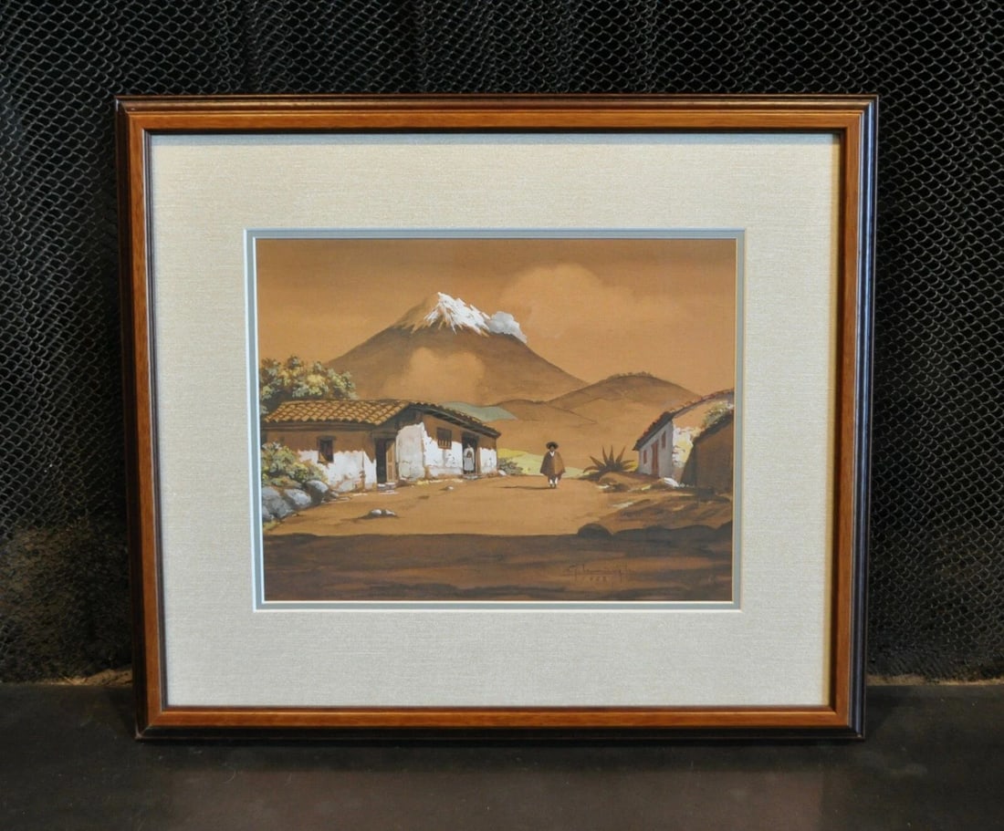 VINTAGE PAINTING - LATIN AMERICA ECUADOR PERU - MOUNTAIN VILLAGE - SIGNED - 1953: VINTAGE PAINTING - LATIN AMERICA ECUADOR PERU - MOUNTAIN VILLAGE - SIGNED - 1953 Item Description: This vintage watercolor painting shows a mountain village which looks to possibly be in Peru or Ecuad
