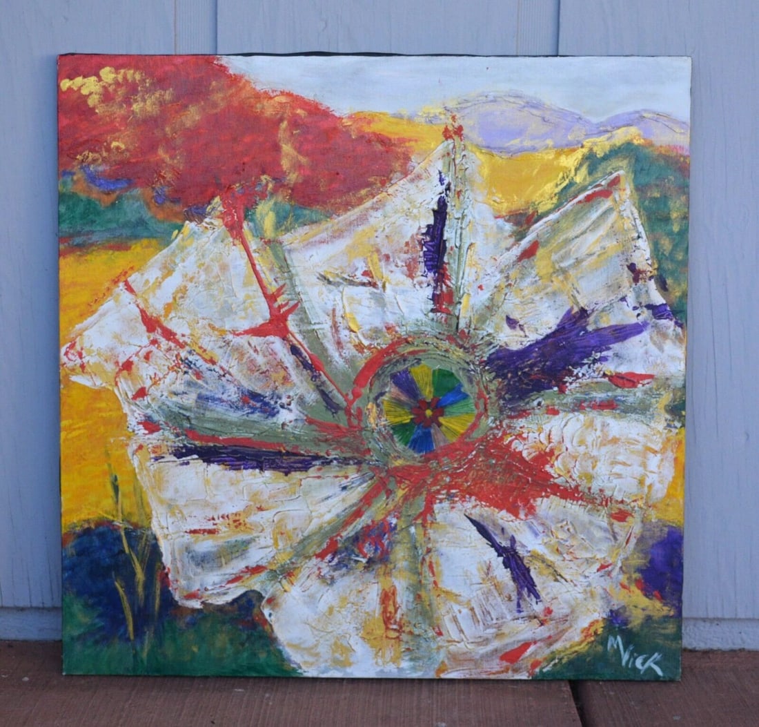 VINTAGE PAINTING - JIMSON WEED FLOWER - PSYCHEDELIC GLOWING COLORS - SIGNED MICK (1 of 1)