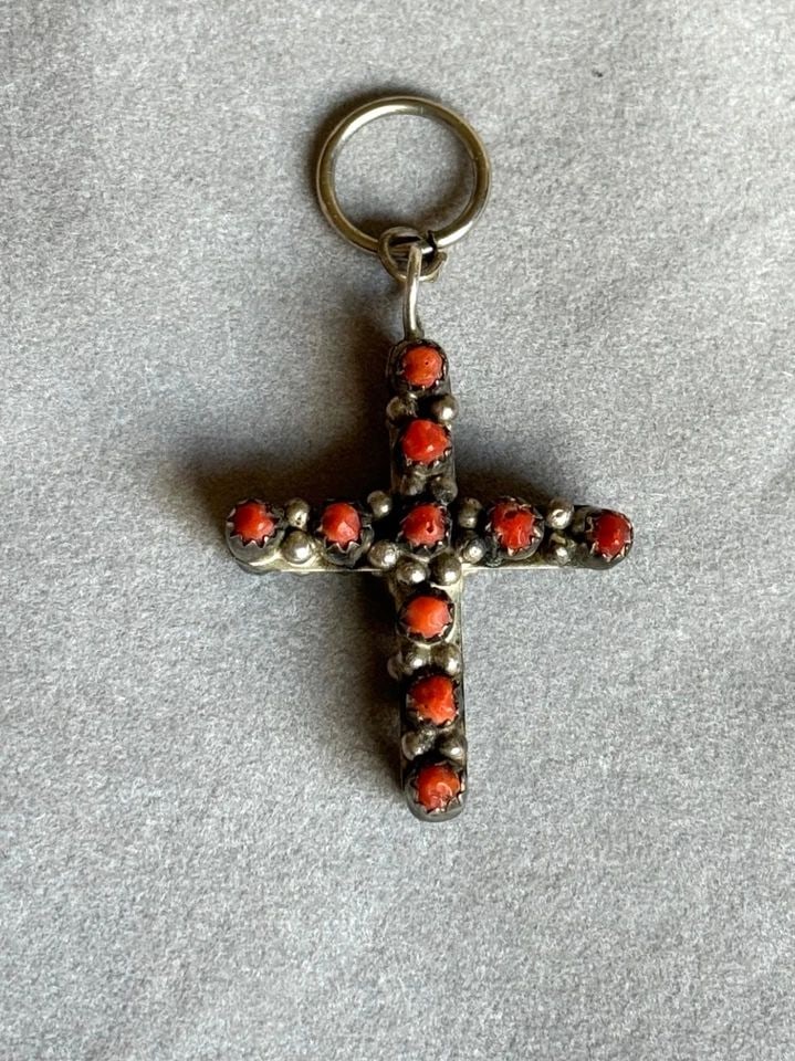 VINTAGE ZUNI STERLING SILVER WITH TURQUOISE AND CORAL REVERSIBLE CROSS PENDANT (1 of 1)