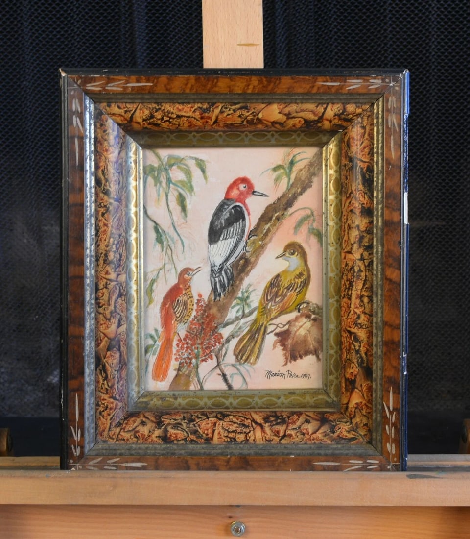 SMALL VINTAGE WATERCOLOR PAINTING - 3 BIRDS IN A TREE - MARION PRICE - 1967 (1 of 2)