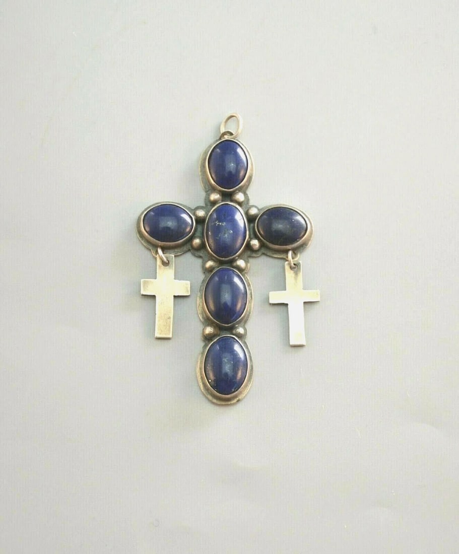 VTG NAVAJO INDIAN PENDANT - SILVER CROSS 6 LAPIS LAZULI STONES - LESTER JACKSON (1 of 2)