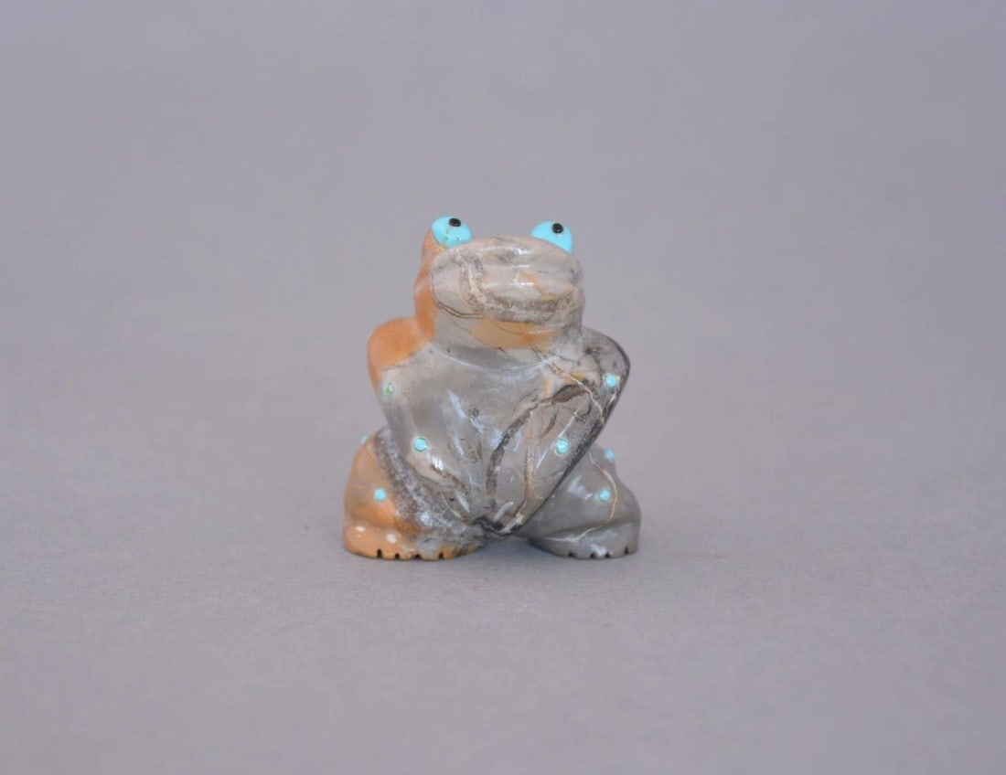 VINTAGE ZUNI FETISH CARVING - FROG - INLAID TURQUOISE PICASSO MARBLE - SIGNED HL (1 of 2)
