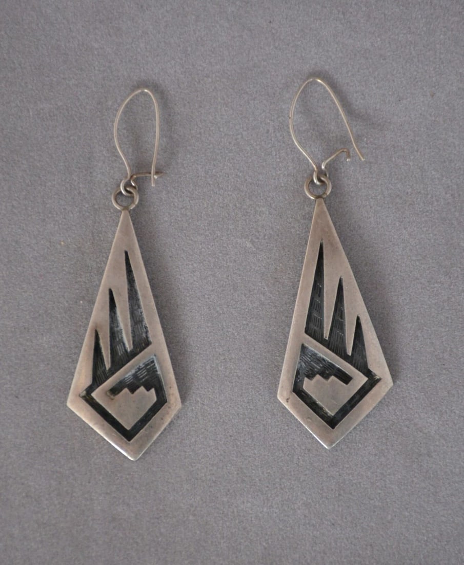 RICKY COOCHWYTEWA - VINTAGE HOPI STERLING SILVER DANGLE EARRINGS - 2 1/8" DROP (1 of 2)
