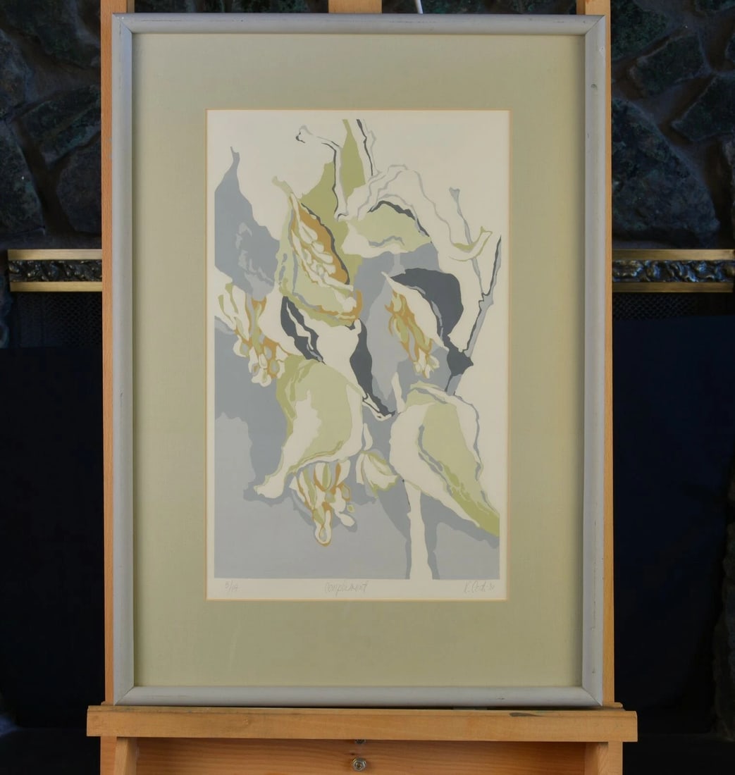 KATHARINE CORTI - FRAMED FLORAL SCREENPRINT - SOFT GREENS GREYS - LMTD ED SIGNED (1 of 2)