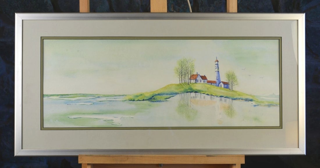 WATERCOLOR PAINTING - LIGHTHOUSE & HOMESTEAD ON SEA COAST - JANICE BERIGAN (1 of 2)