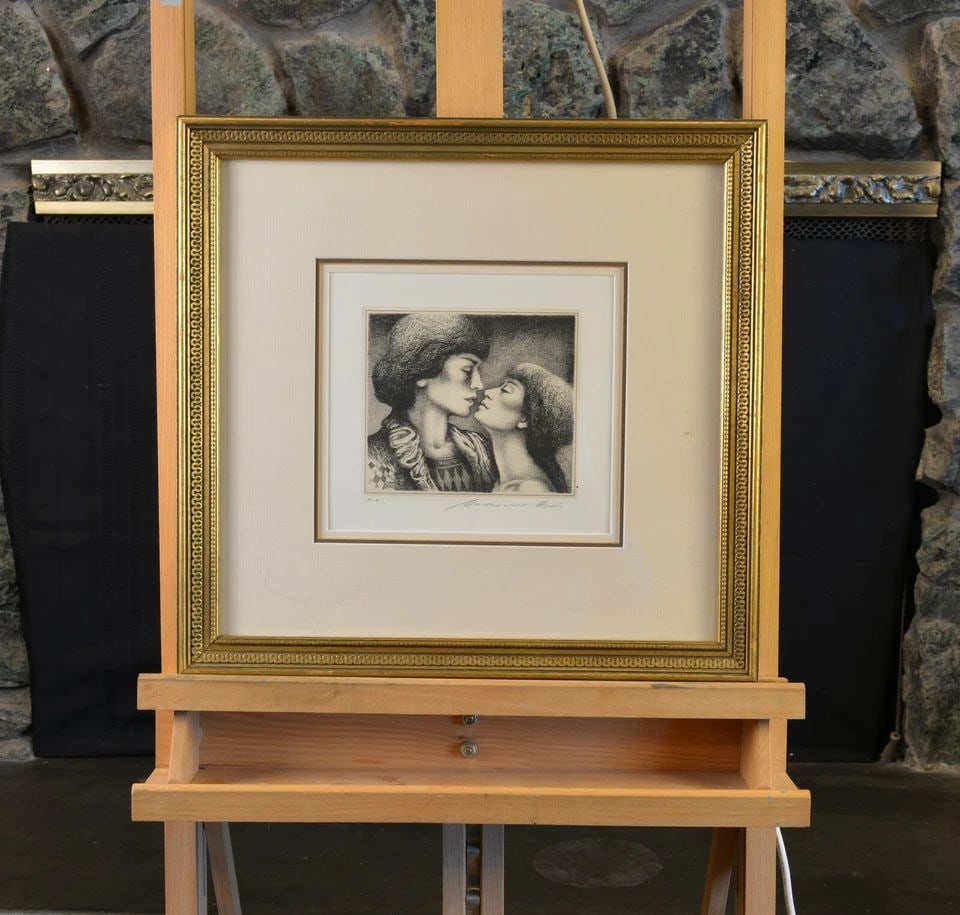 BEAUTIFULLY FRAMED - ETCHING PRINT - WOMAN'S KISS (1 of 1)