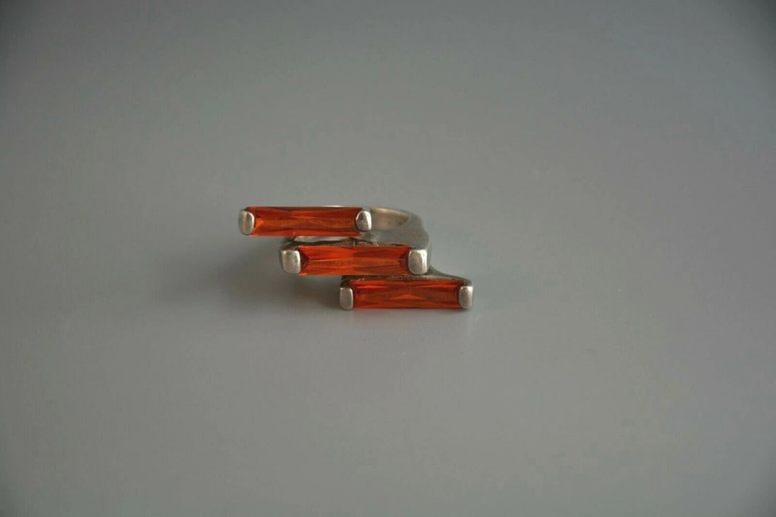 VTG MEXICO SILVER RING - ORANGE STONES FIRE OPAL? - MODERNIST 7 3/4 (1 of 2)