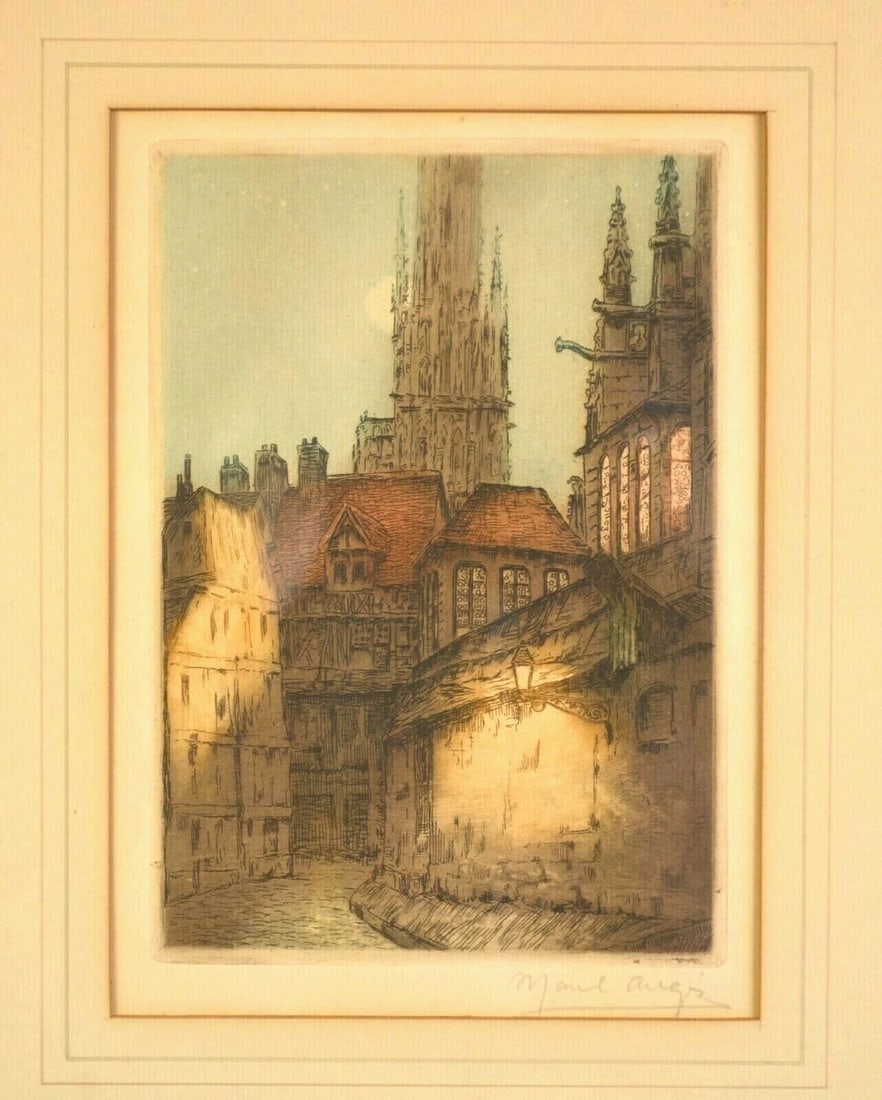 VINTAGE ETCHING OLD FRANCE EUROPE STREET SCENE - MOON BEHIND CATHEDRAL SPIRE (1 of 1)