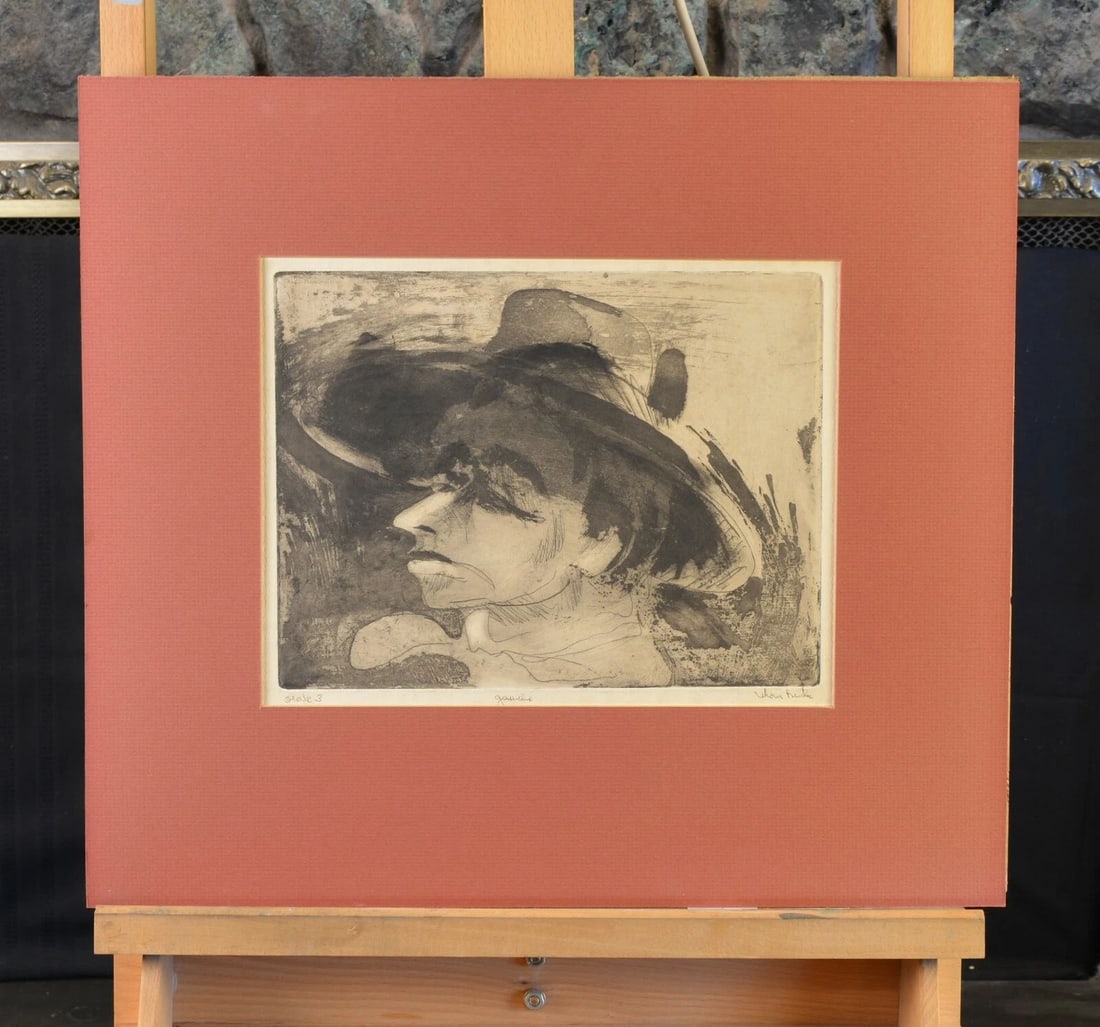 ORIGINAL SIGNED ETCHING ON SLATE - TITLED "GAUCHO" COWBOY S. AMERICAN PAMPAS (1 of 2)