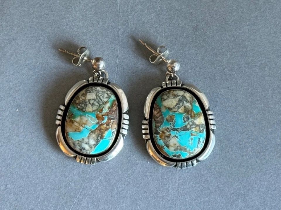 NAVAJO STERLING SILVER WITH NATURAL OJO TURQUOISE EARRINGS 1 1/8" DROP (1 of 1)