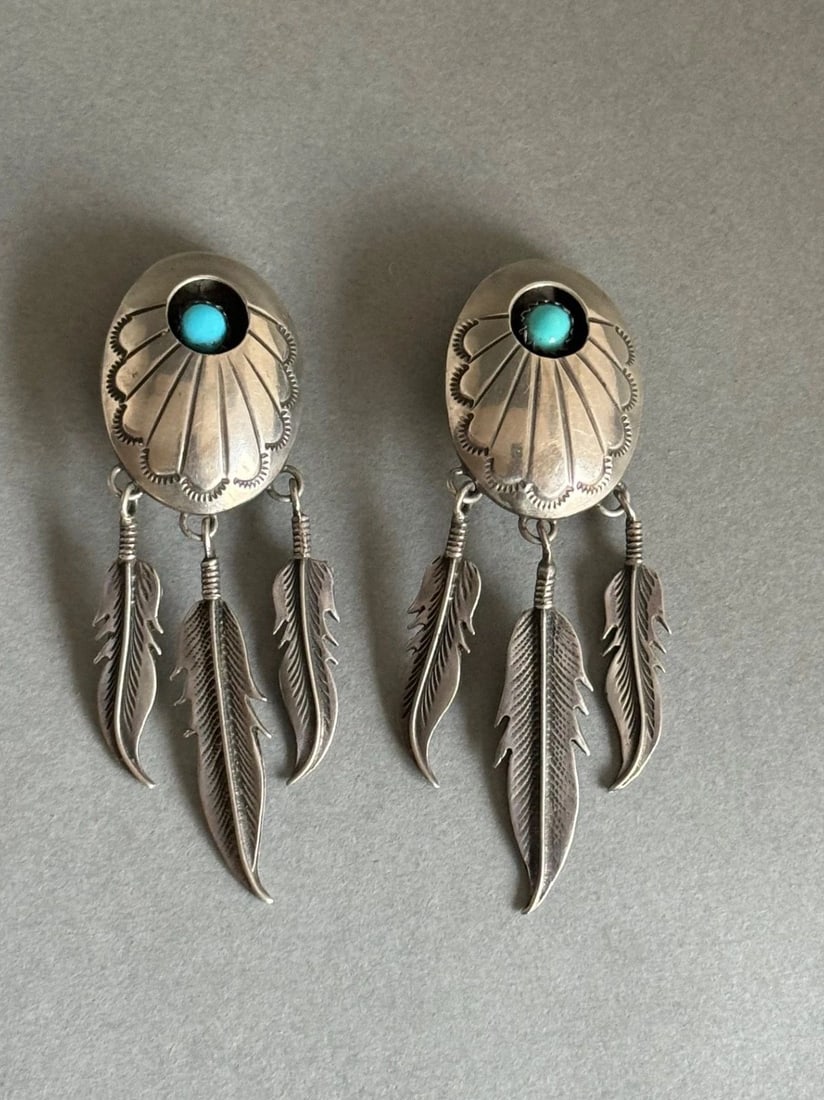 VINTAGE NAVAJO STERLING SILVER WITH TURQUOISE CLASP EARRINGS 2 3/4" TALL (1 of 1)