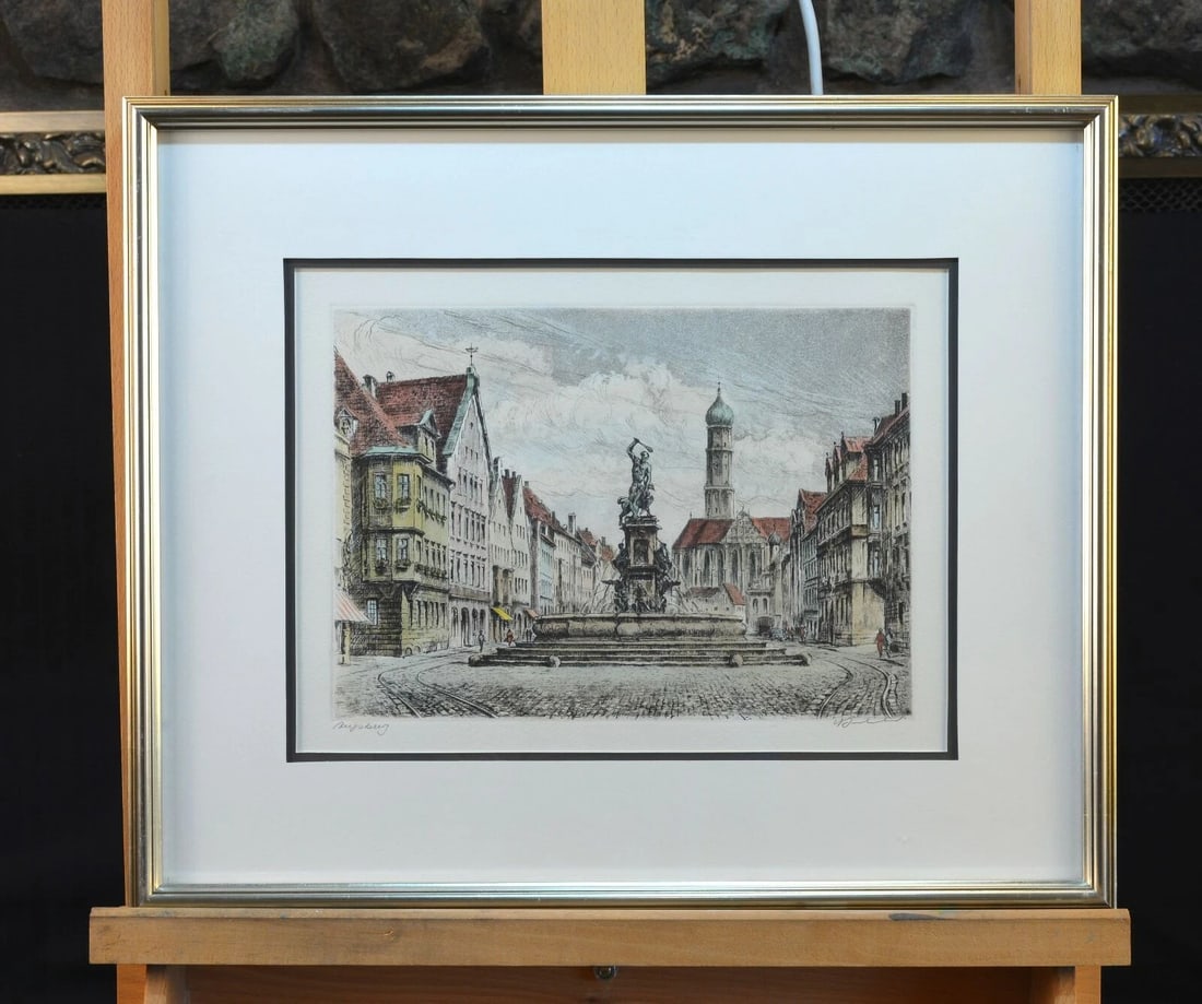 BEAUTIFULLY FRAMED VINTAGE COLORED ETCHING PRINT - EUROPEAN STATUE FOUNTAIN (1 of 2)