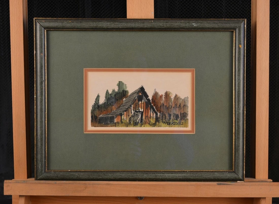 FRAMED MIXED MEDIA WATERCOLOR PAINTING - OLD BARN - SIGNED FLORES: FRAMED MIXED MEDIA WATERCOLOR PAINTING - OLD BARN - SIGNED FLORES Item Description: This mixed media painting on paper looks to be pen and ink with watercolor wash. Within mat, it measures 4 1/8" by 7