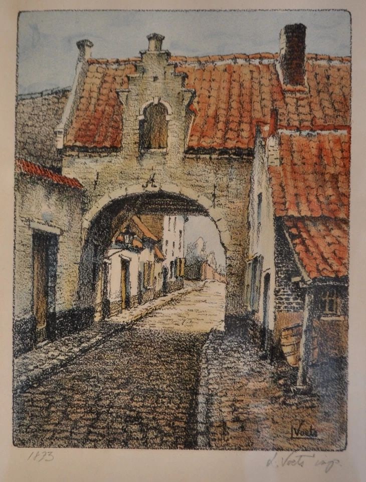 ANTIQUE ORIGINAL LITHOGRAPH GERMAN VILLAGE - CHARLES LOUIS VOETS - C. 1873 (1 of 1)