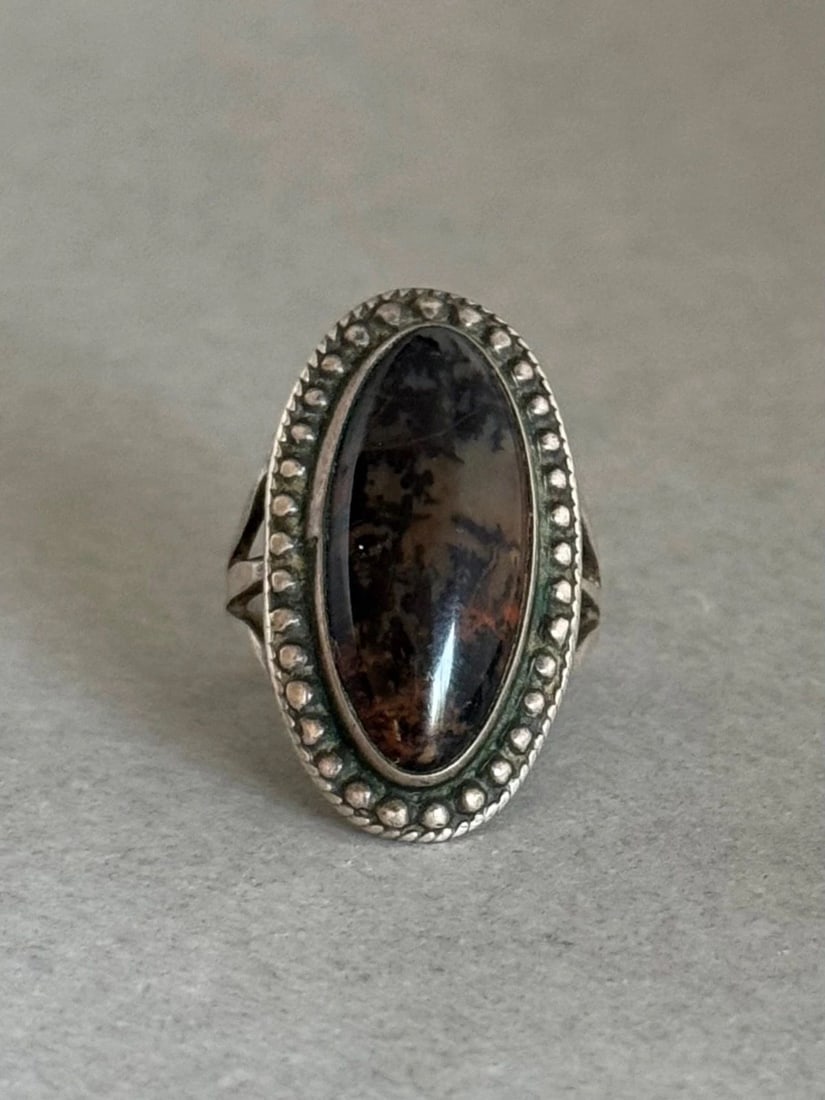 OLD PAWN NAVAJO STERLING SILVER WITH PETRIFIED WOOD RING SIZE 5 (1 of 1)