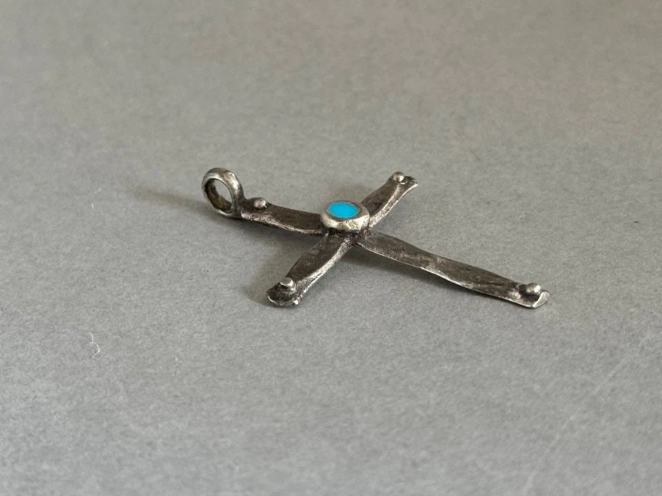 OLD PAWN NAVAJO STERLING SILVER WITH TURQUOISE CROSS PENDANT (1 of 2)