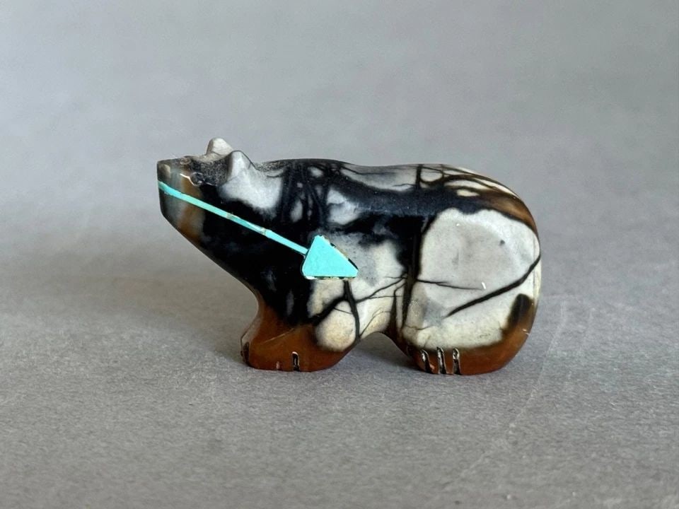 PICASSO MARBLE ZUNI BEAR FETISH WITH TURQUOISE AND CORAL HEARTLINE (1 of 2)