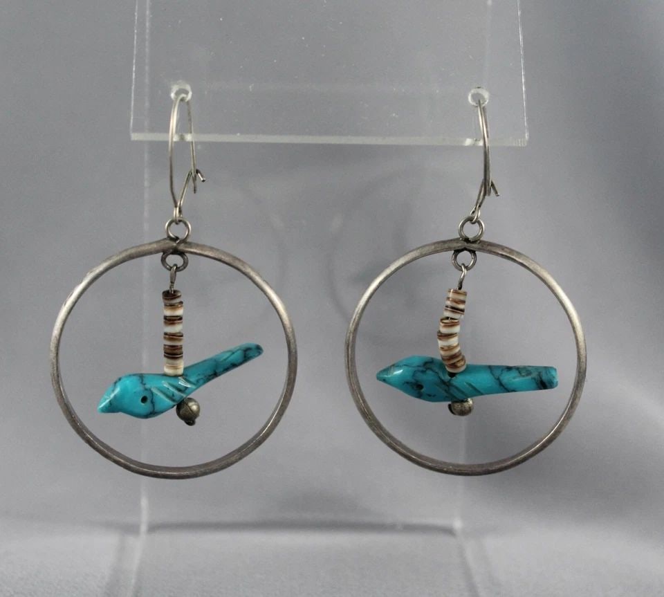 VINTAGE ZUNI SILVER AND TURQUOISE FETISH BIRD EARRINGS: VINTAGE ZUNI SILVER AND TURQUOISE FETISH BIRD EARRINGS Item Description: 2” length From top of wire to bottom .. P