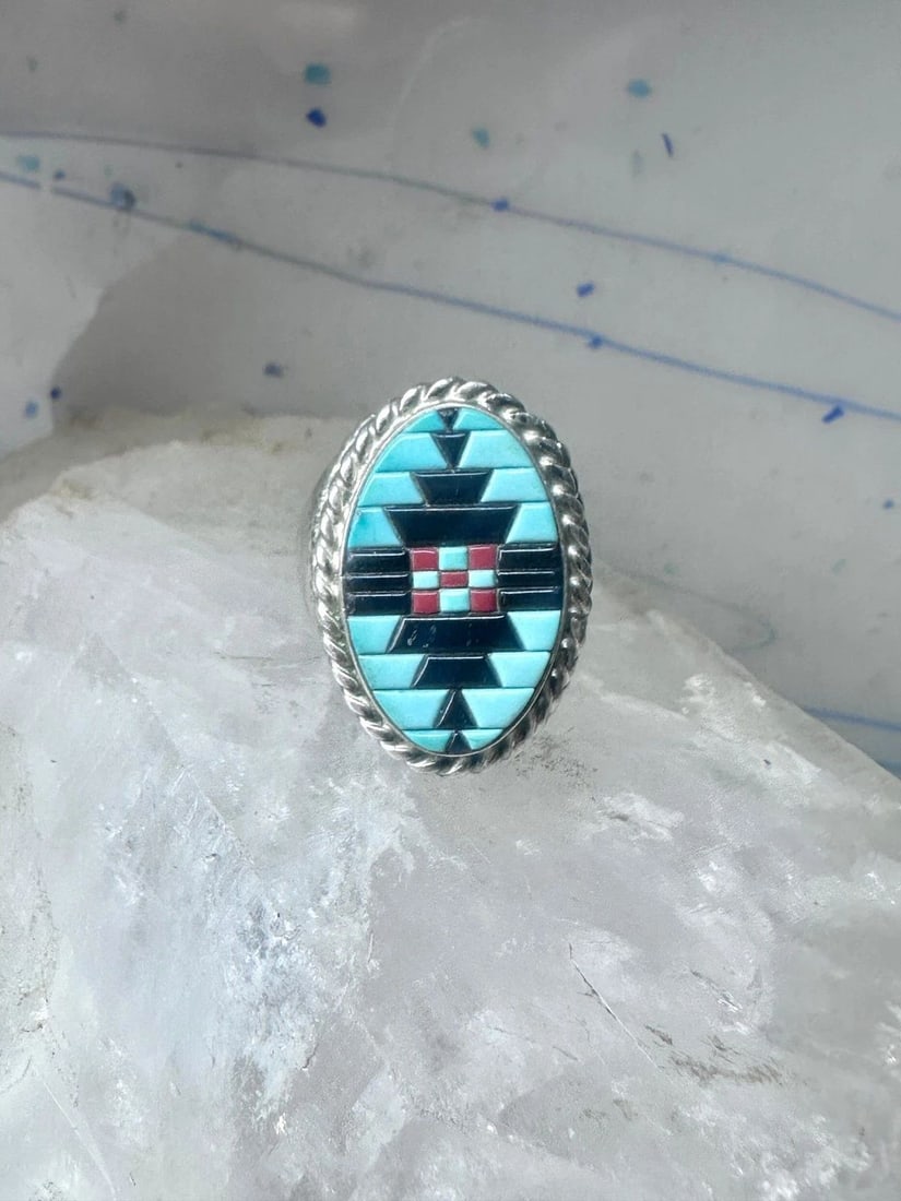 ZUNI RING TURQUOISE CORAL ONYX BAND SIZE 9.75 STERLING SILVER WOMEN MEN (1 of 1)