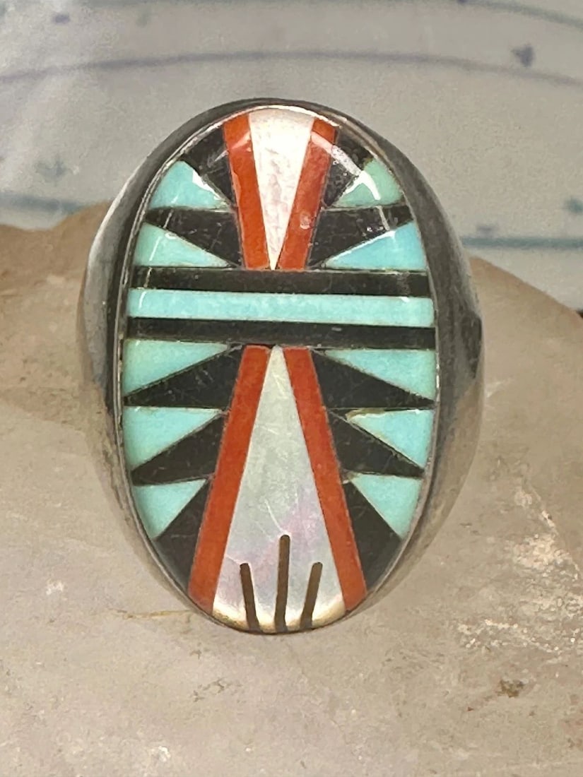 ZUNI RING TURQUOISE CORAL MOP ONYX SIZE 9.75 STERLING SILVER WOMEN MEN (1 of 1)