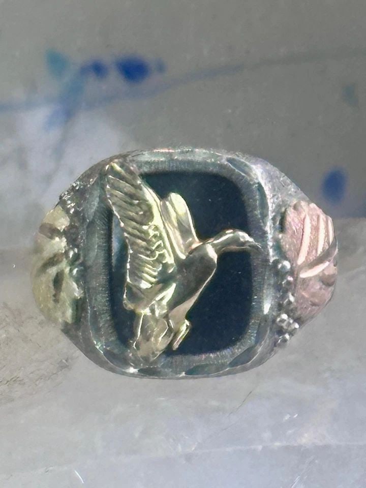 BLACK HILLS GOLD RING ONYX BAND SIZE 10 DUCK GOOSE STERLING SILVER WOMEN MEN RGC (1 of 2)
