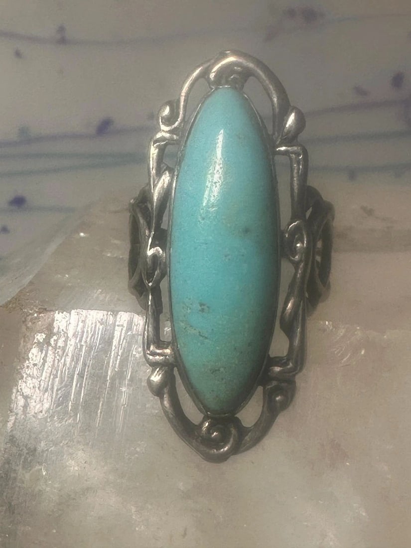 LONG TURQUOISE RING ART DECO PEACE SIZE 6.5 STERLING SILVER WOMEN GIRLS (1 of 1)