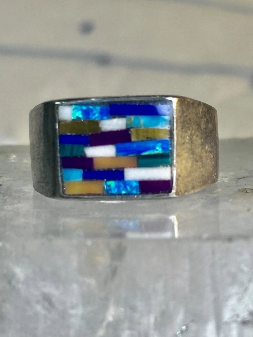 ZUNI RING OPALS ? INLAY BAND WITH BLUE STONES SIZE 6.7 STERLING SILVER WOMEN ME (1 of 1)