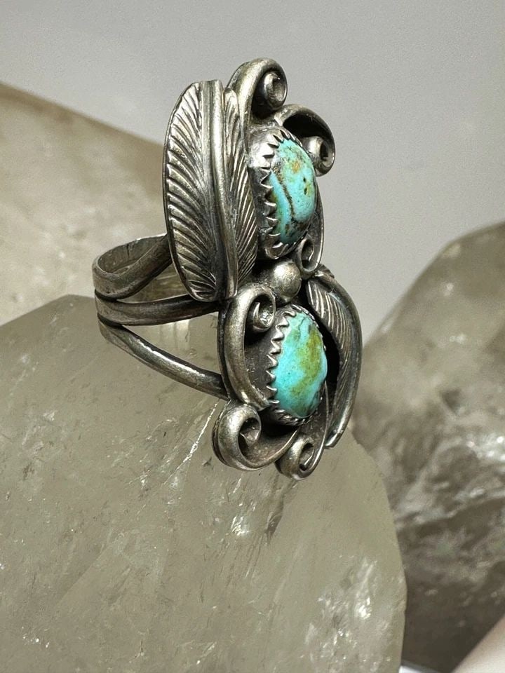 TURQUOISE RING SIZE 5.75 NAVAJO LONG SOUTHWEST STERLING SILVER WOMEN (1 of 2)