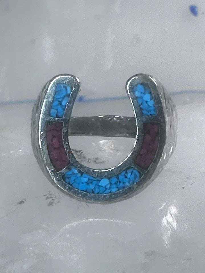 VINTAGE HORSESHOE RING TURQUOISE CORAL SOUTHWEST SIZE 8 GOOD LUCK BAND STERLING (1 of 1)