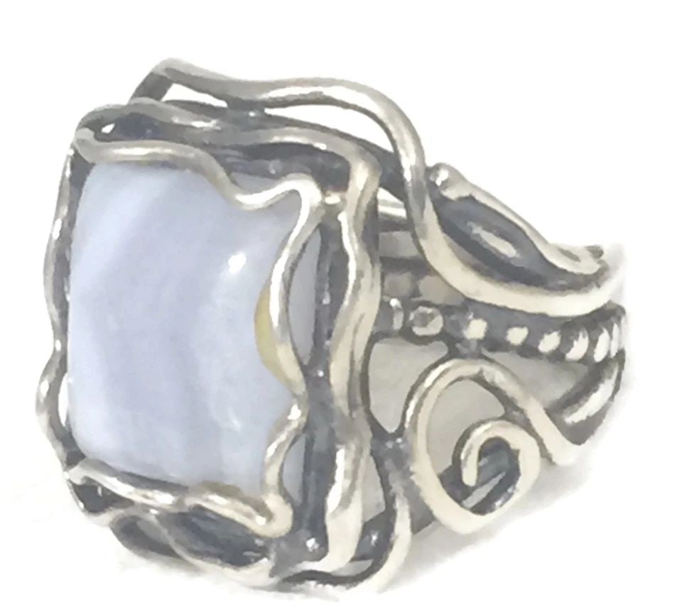 BLUE LACE AGATE RING STERLING SILVER VINTAGE SIZE 5.50 WIRE WRAPPED ISRAEL PINKY (1 of 1)