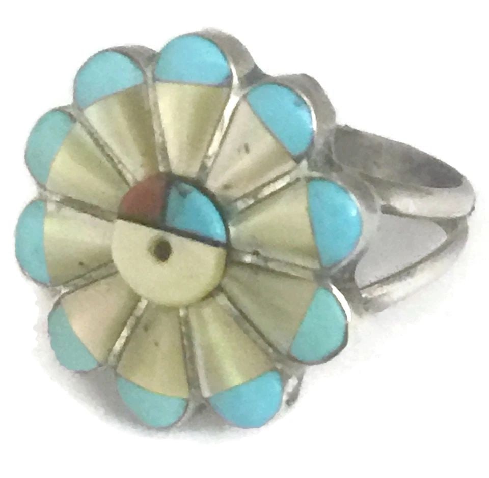 VINTAGE SUN FACE TURQUOISE STERLING SILVER SOUTHWEST RING SIZE 7 3.3G (1 of 2)