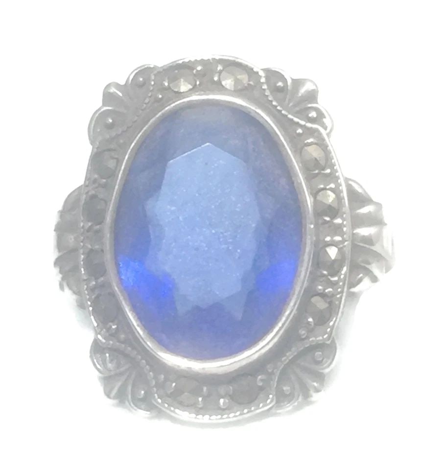 BLUE GLASS MARCASITE RING ART DECO VINTAGE STERLING SILVER PINKY SIZE 5.75 (1 of 2)