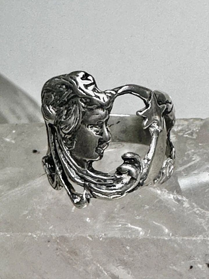FACE RING LADY STAR SIZE 6.25 LONG HAIR ART DECO STYLE STERLING SILVER WOMEN (1 of 2)