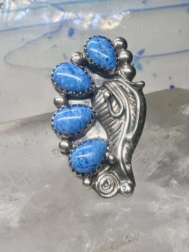 SOUTHWEST RING LONG FEATHERS SWIRLS 4 TEARDROP BLUE STONES SIZE 6 STERLING SILVE (1 of 2)