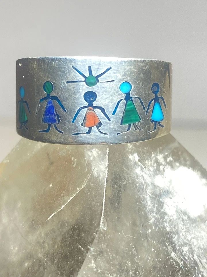 CHILDREN RING SIZE 9.25 TURQUOISE BLUE LAPIS INLAY TEACHERS BAND STERLING SILVER (1 of 2)