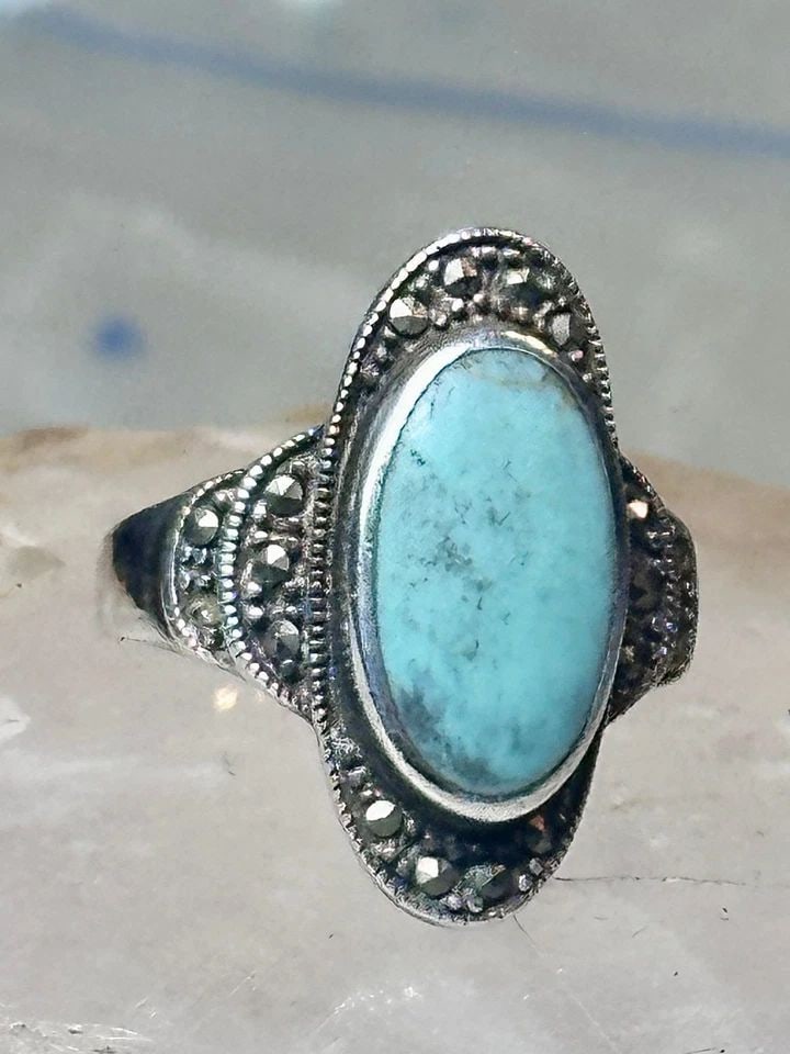 TURQUOISE RING MARCASITES BOHO SIZE 7.75 STERLING SILVER WOMEN (1 of 2)