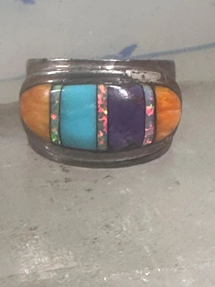 TURQUOISE LAB OPAL SPINY OYSTER RING SIZE 7.7 SOUTHWEST SIGNED STERLING SILVER (1 of 2)